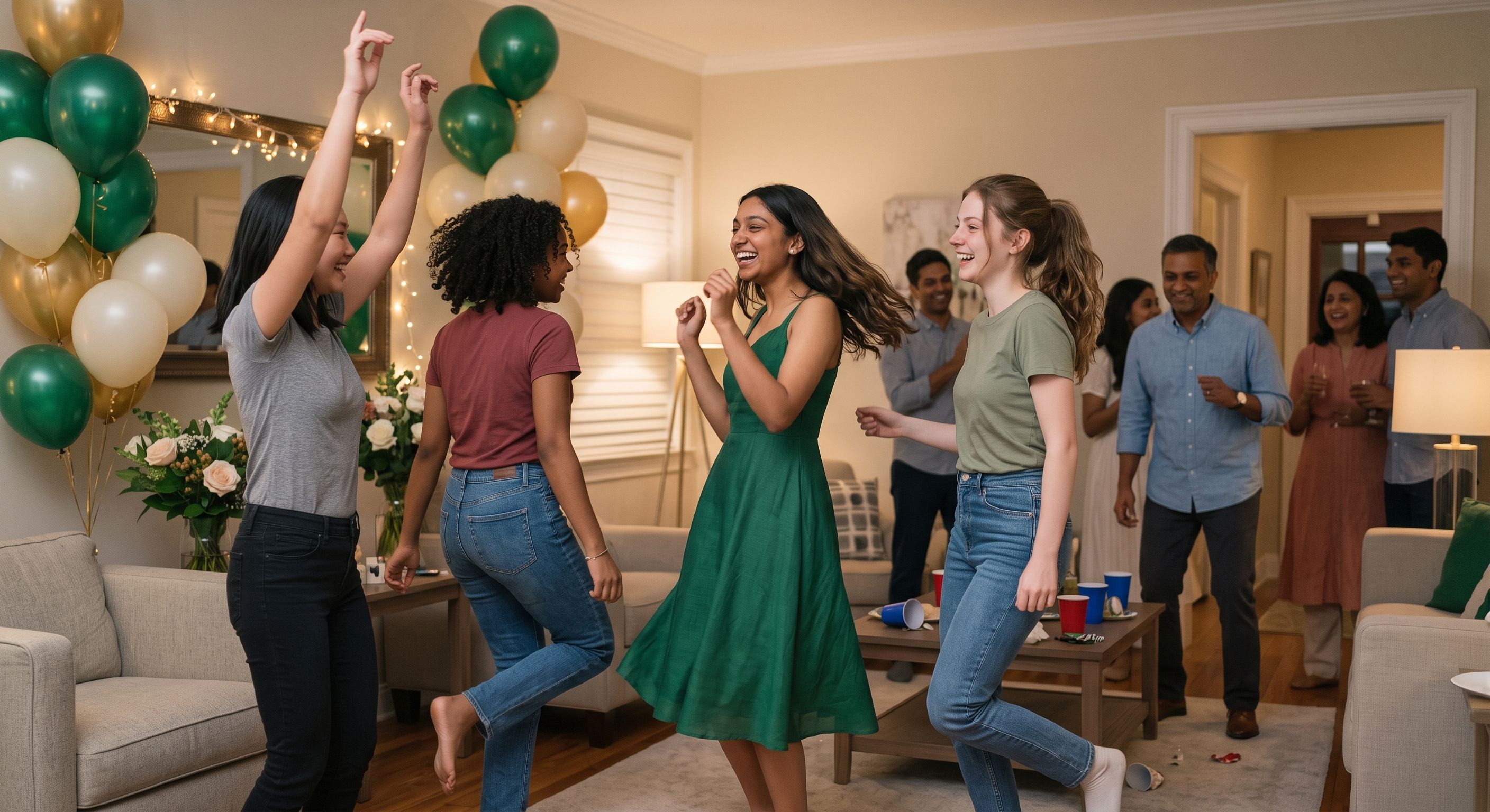 Maya dancing with friends while her dad joins in from the background