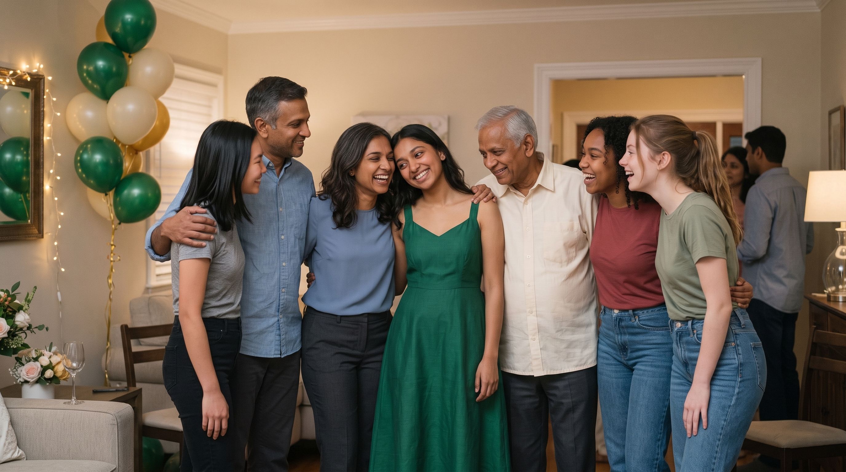 Maya surrounded by her parents, grandfather, and close friends near the end of the party