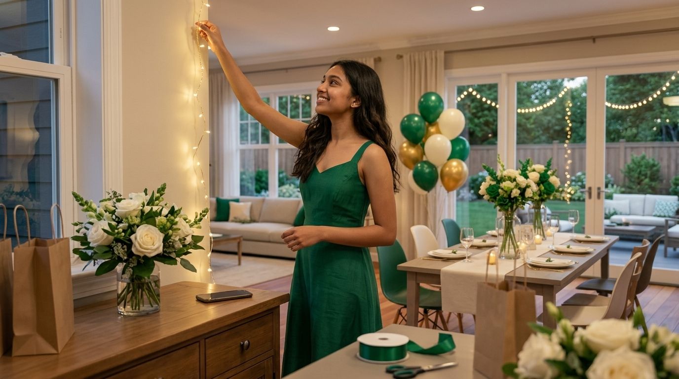 Maya making one last adjustment to the birthday decorations