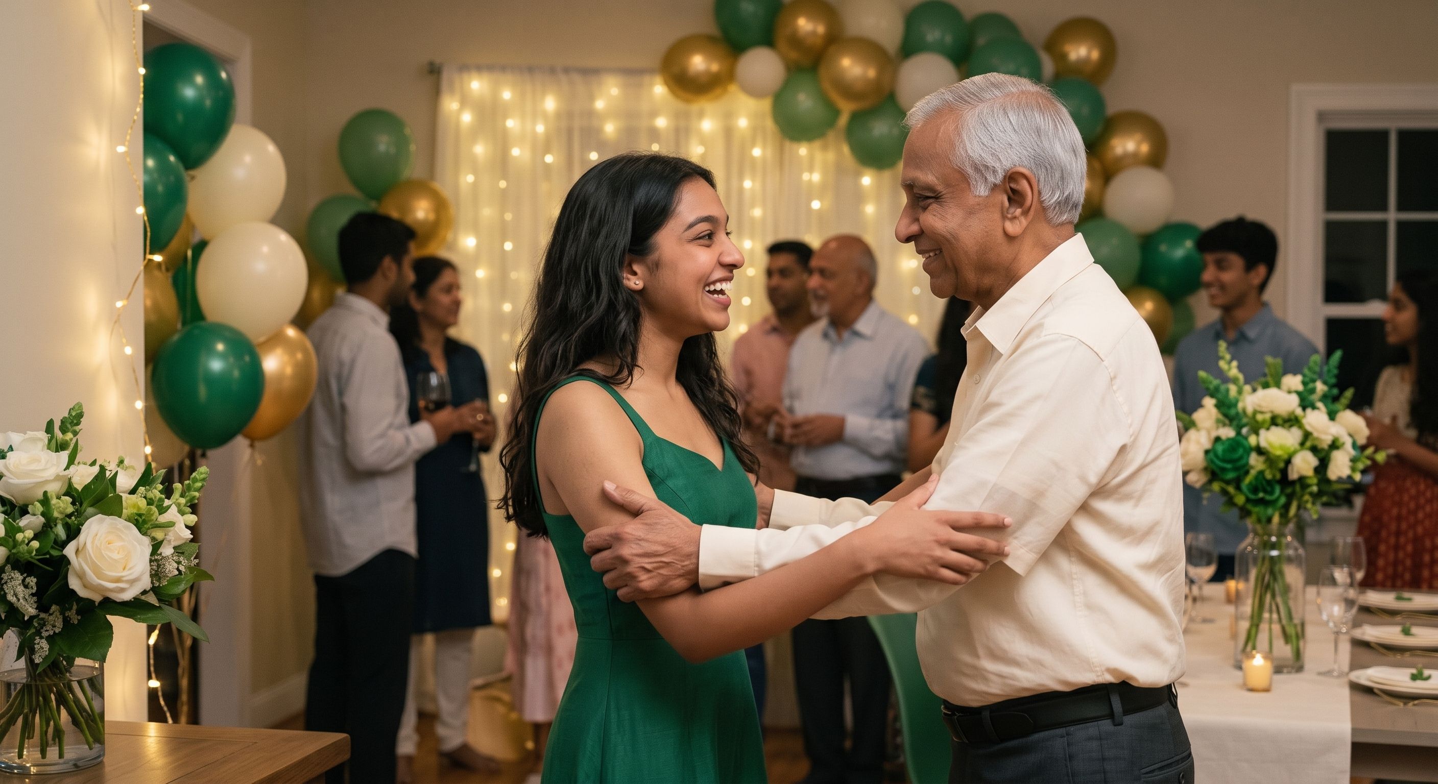 Maya greeting her grandfather as guests arrive