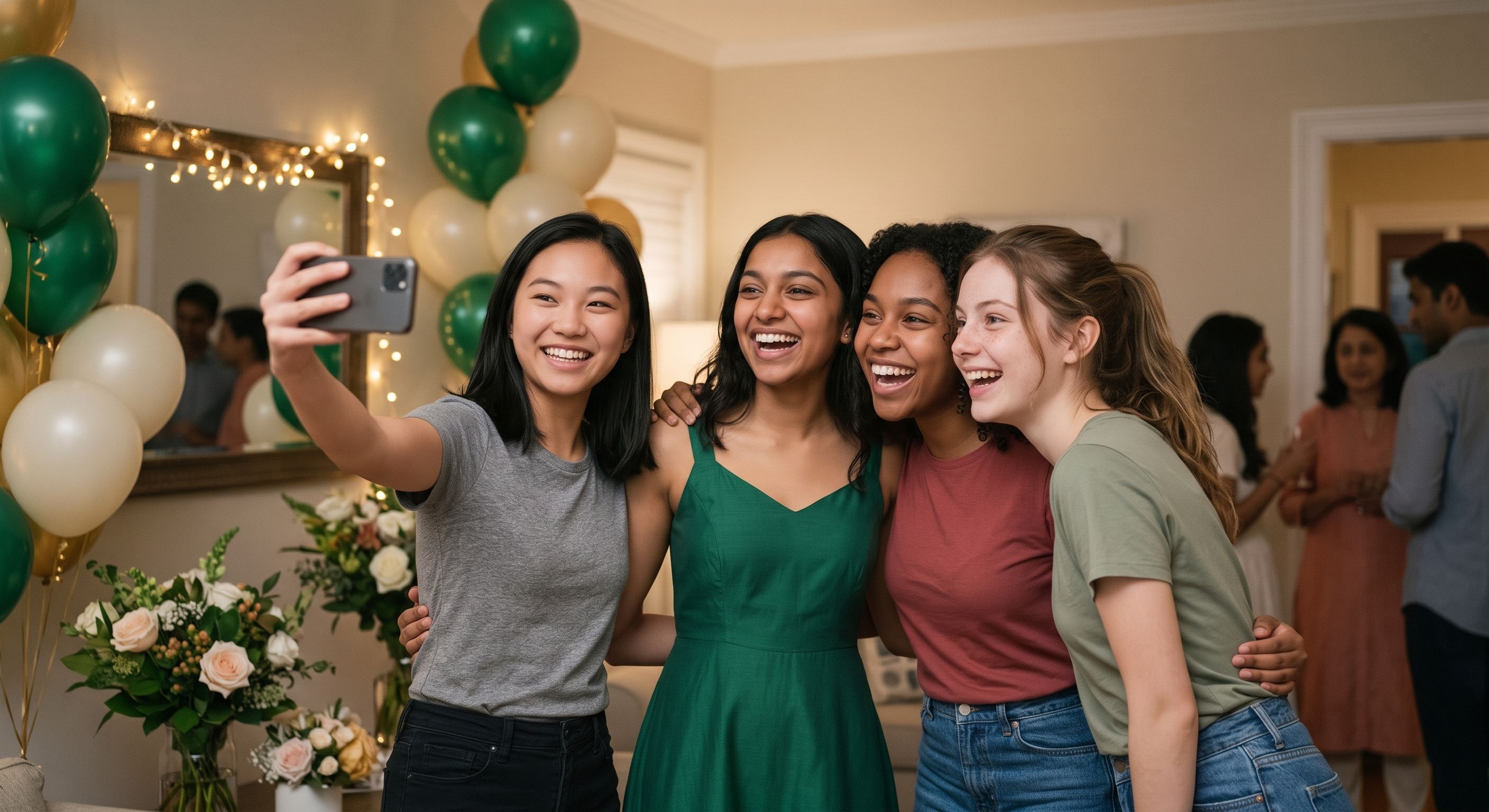 Maya and her friends taking a selfie at the party