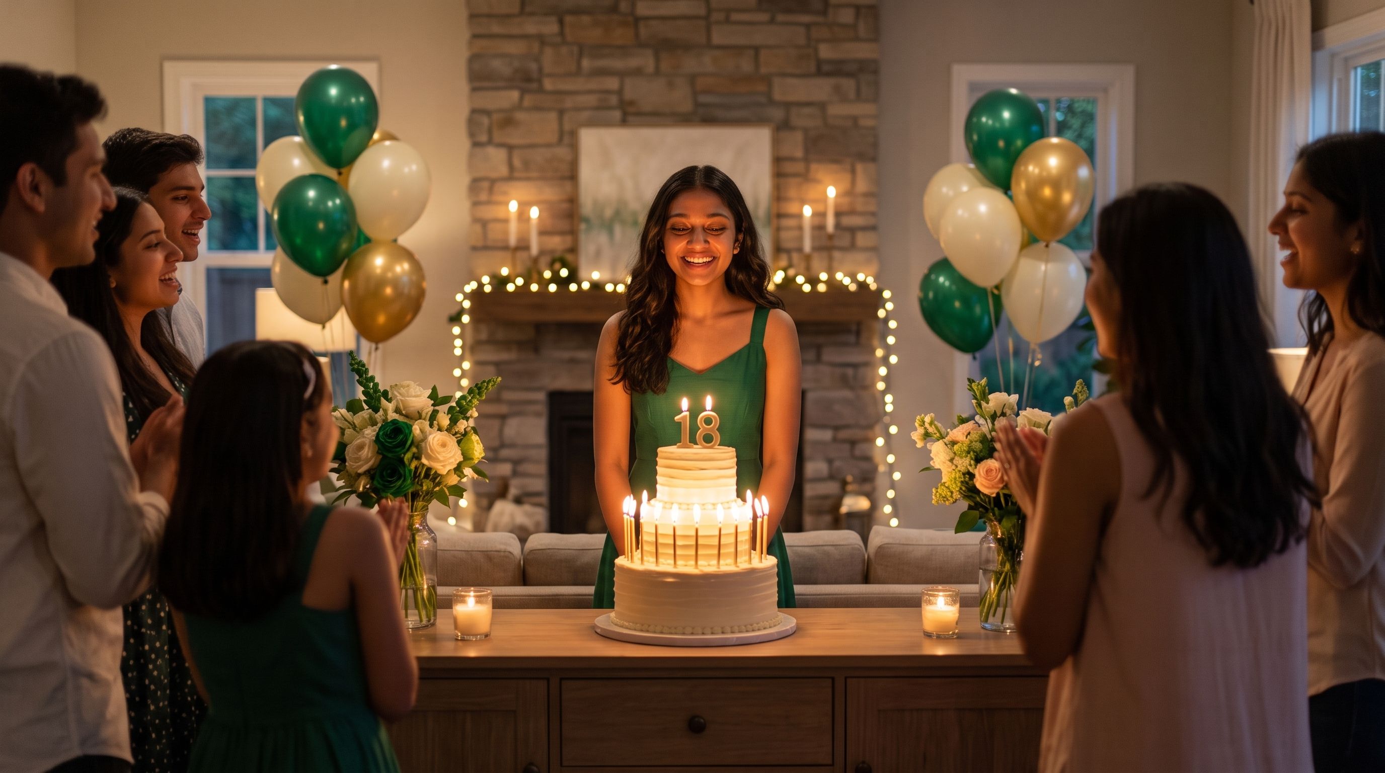 Maya standing behind her 18th birthday cake while guests sing