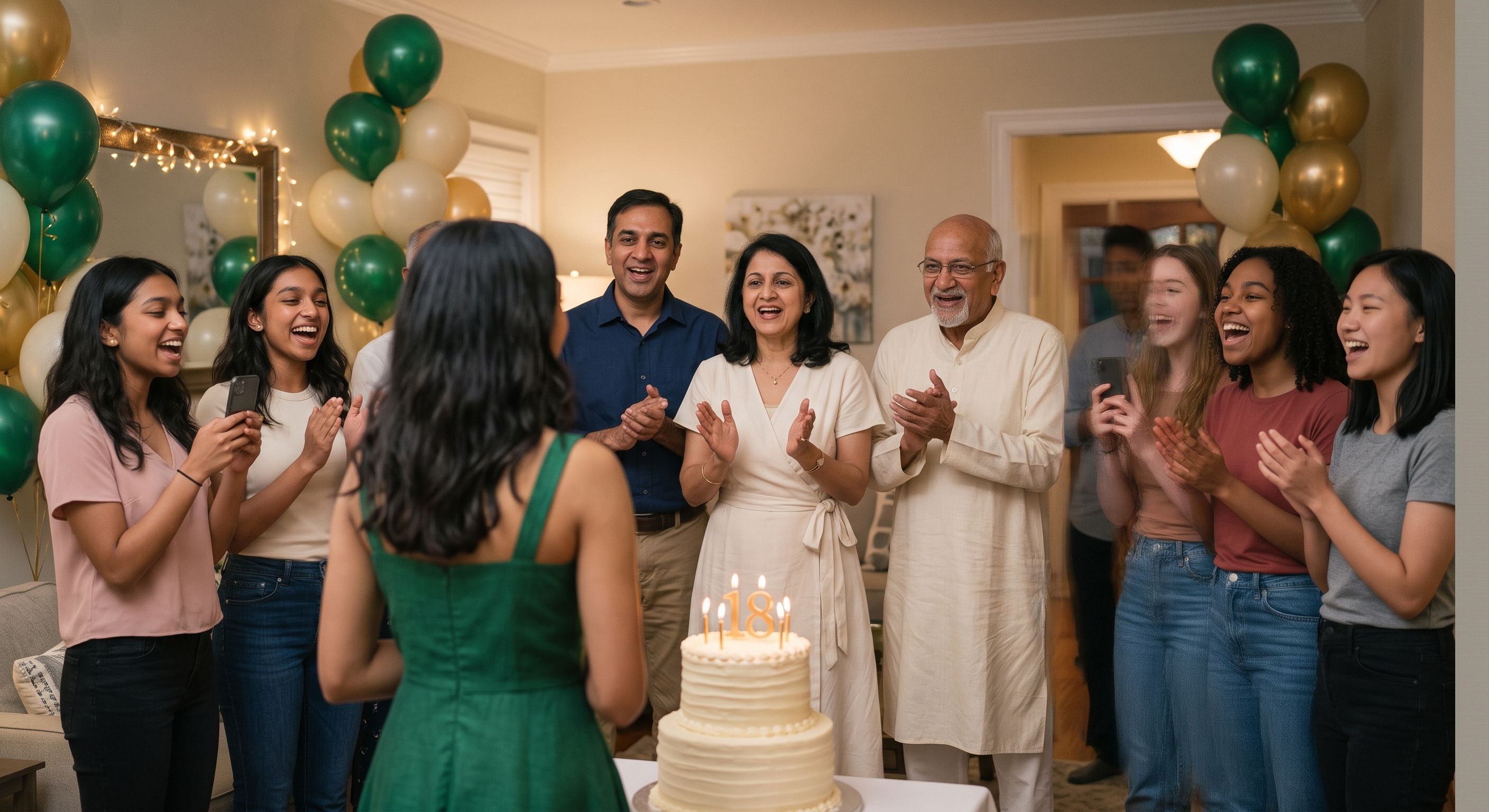 The birthday song from behind Maya, showing friends and family gathered around her