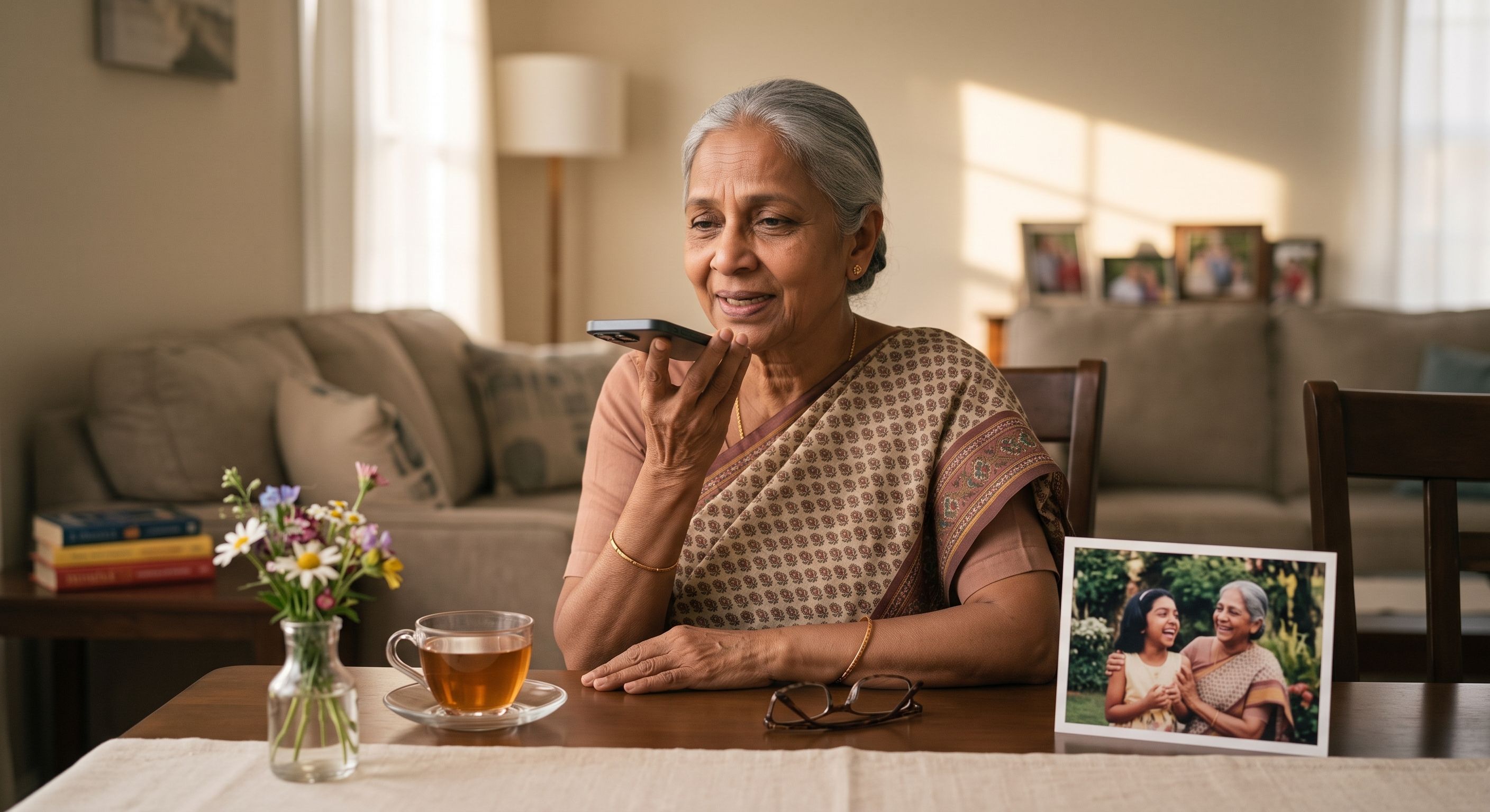 Maya's grandmother recording an audio birthday message from home