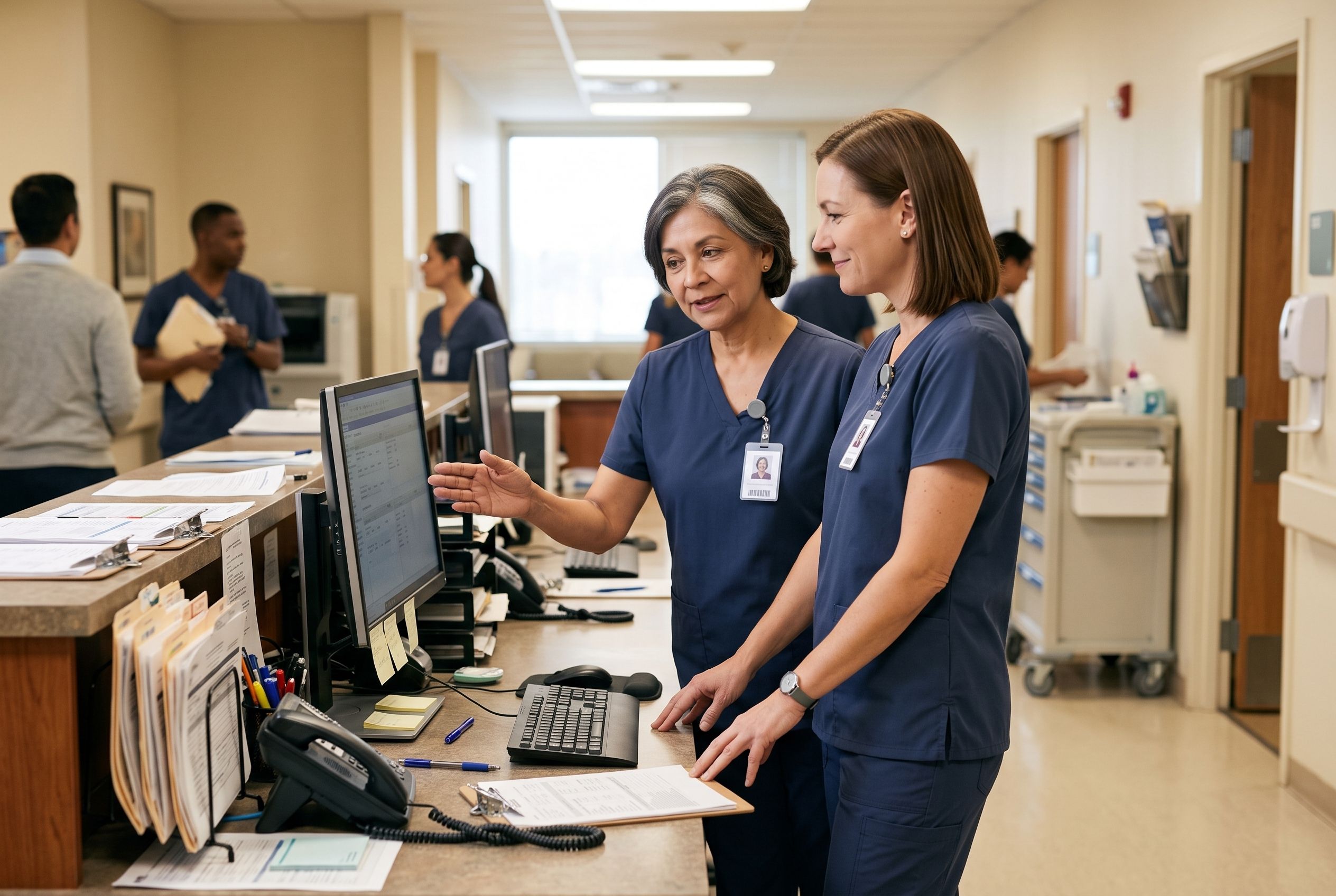 Three night-shift nurses recording a message together on a phone during a break
