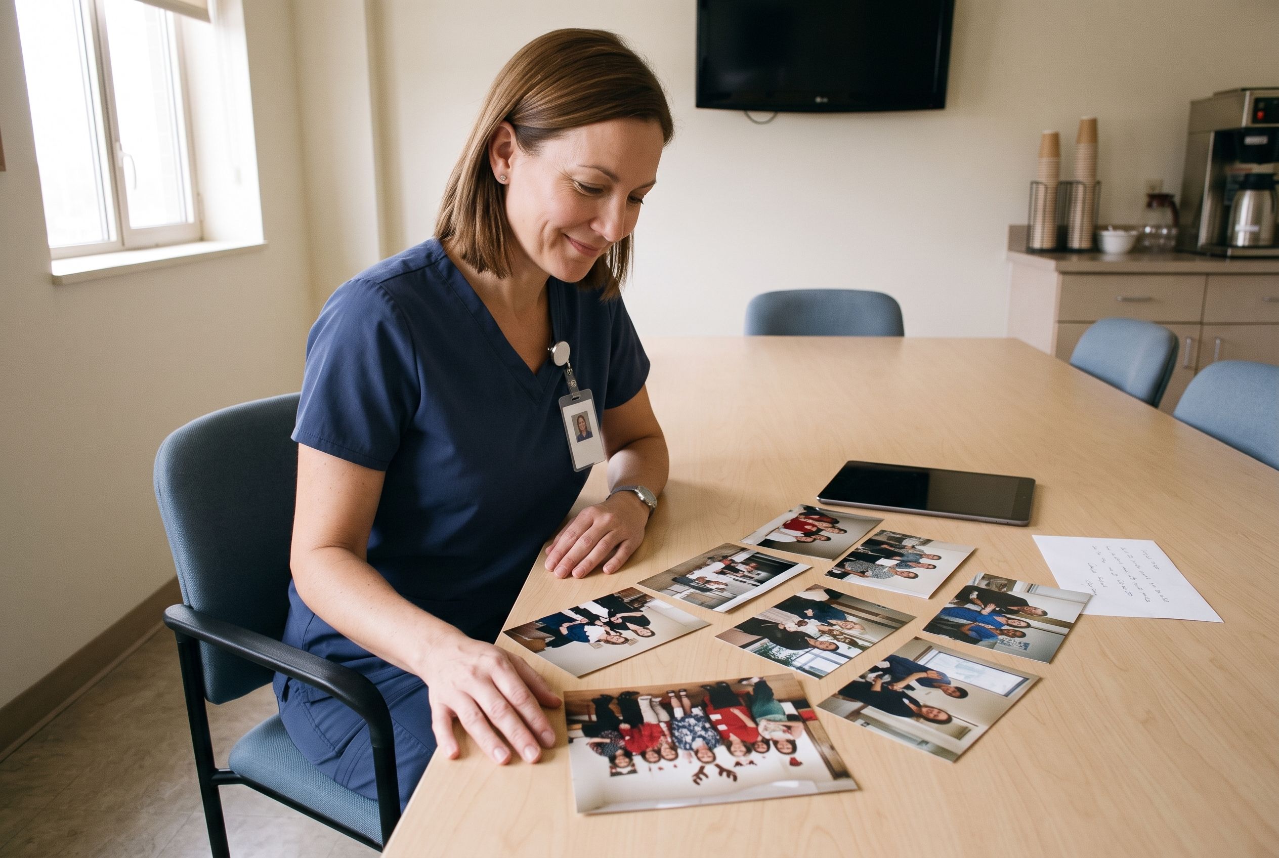Emily smiling down at old staff photographs spread across the conference table