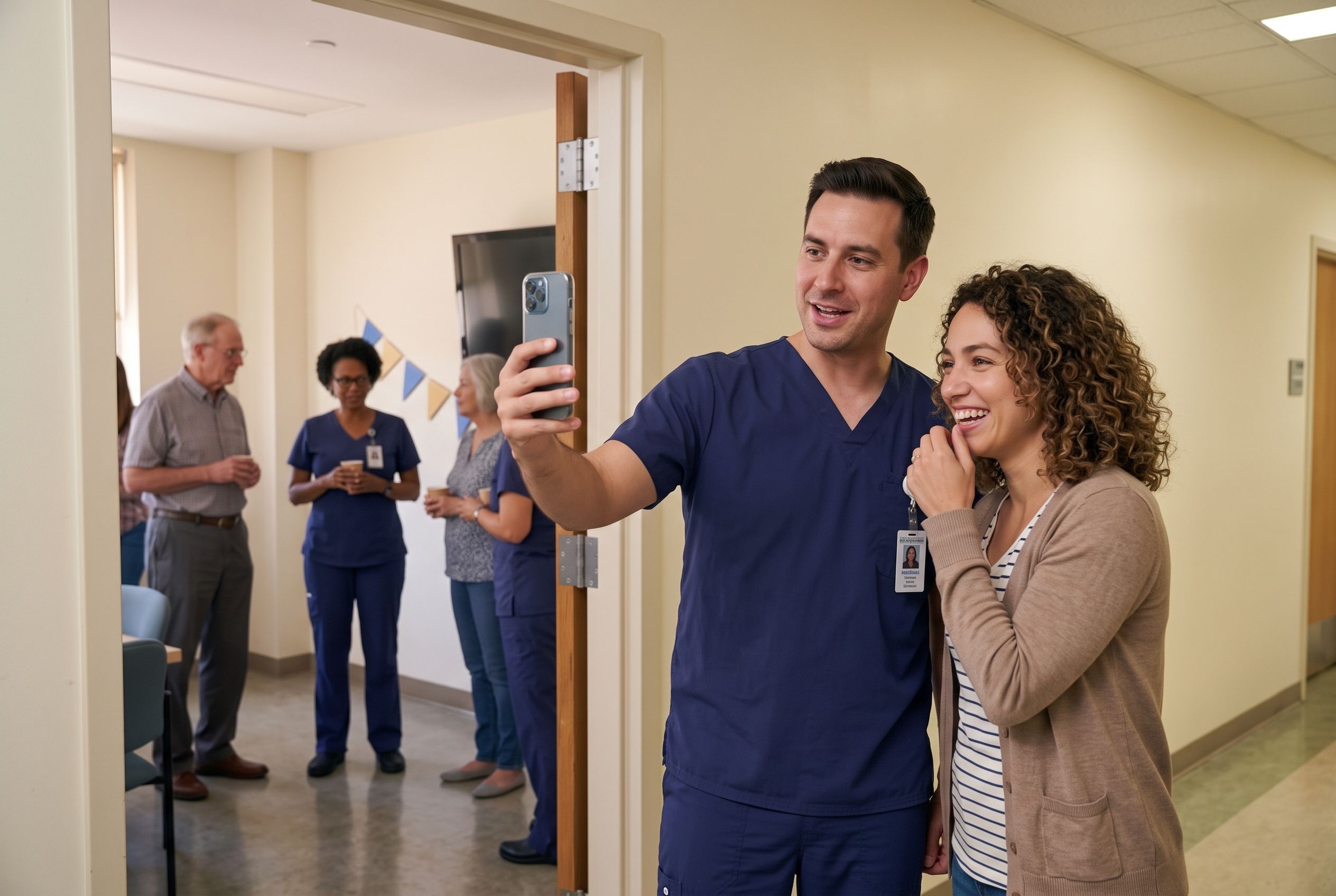 A nurse and a colleague recording a retirement video together in the hallway outside the party