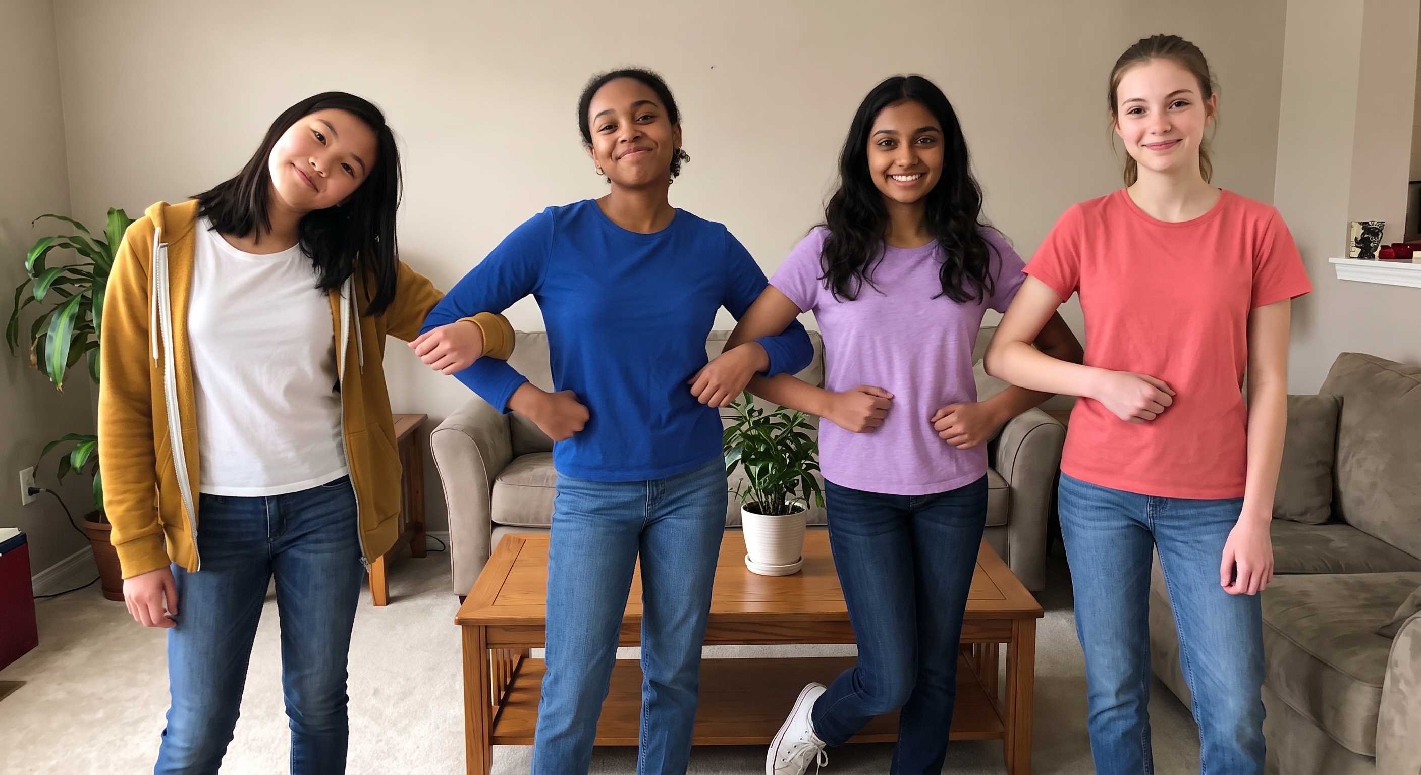 Maya and three friends posing together at about age thirteen