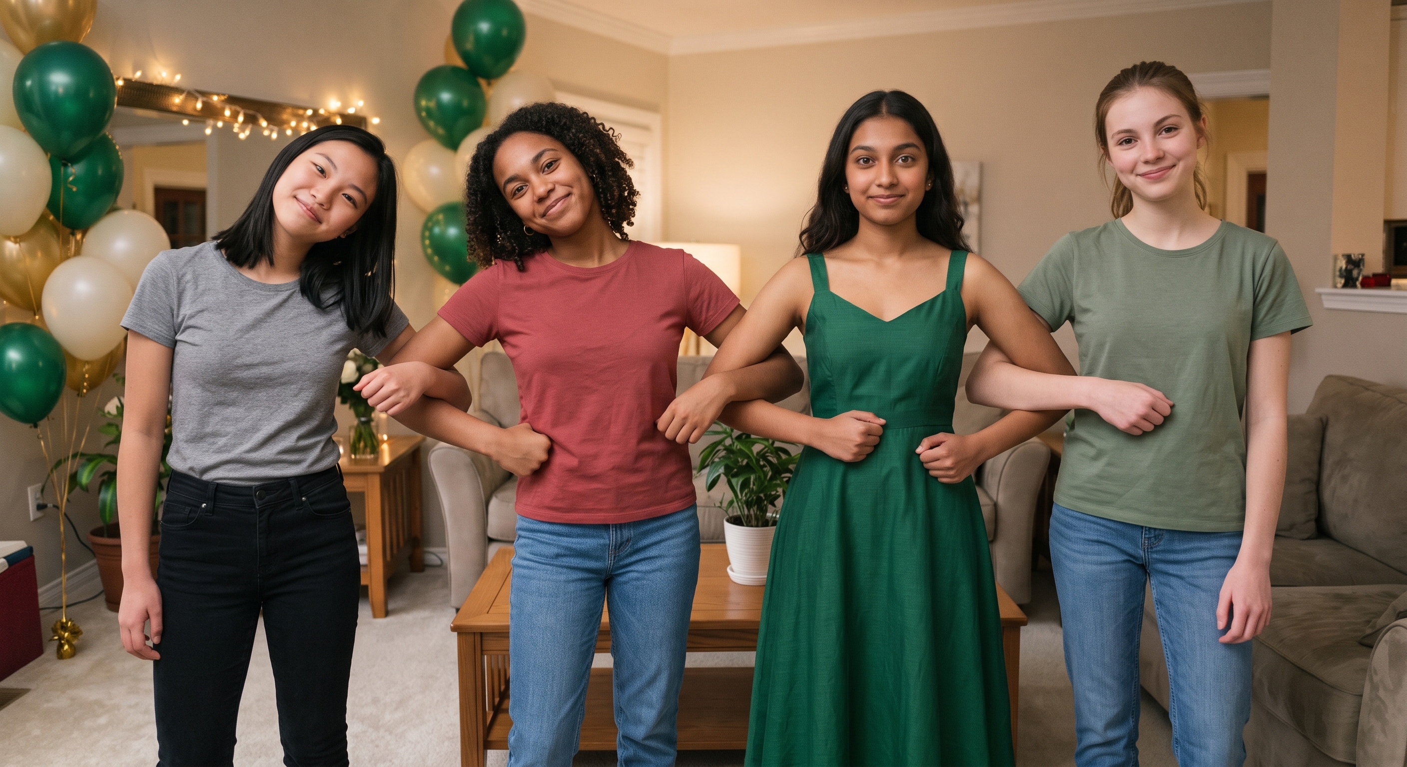 Maya and the same three friends recreating the pose at her 18th birthday